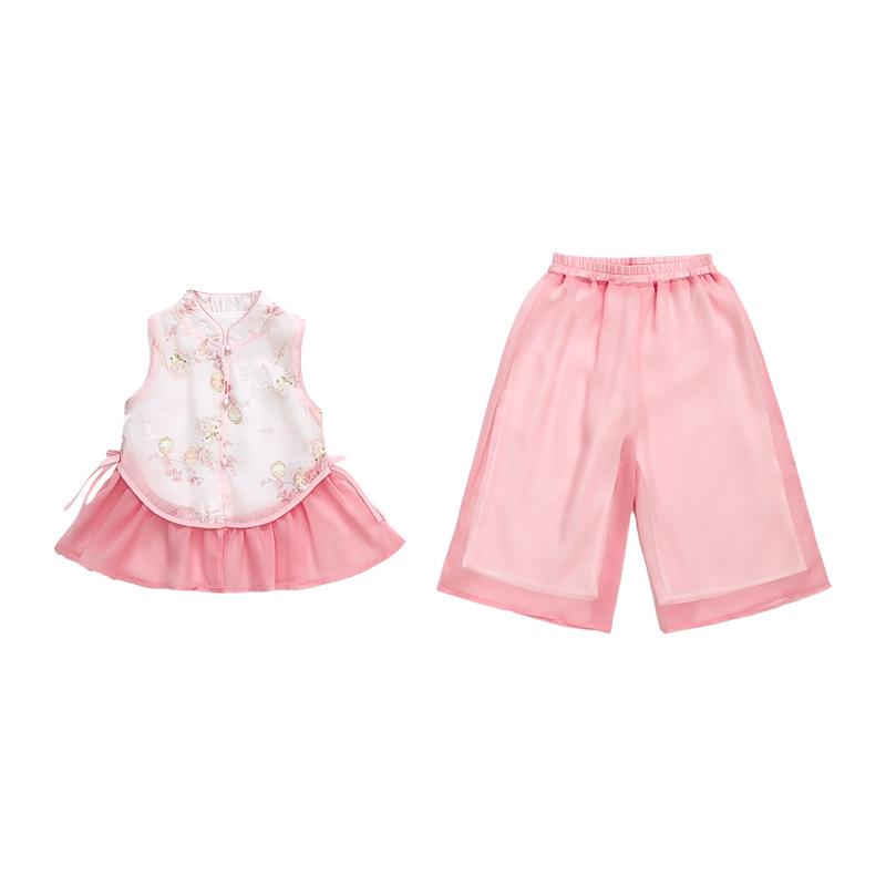 2026 Girls' Chinese Style Fairy Summer Two-Piece Set with Frog Button