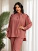 Middle Eastern Plus Size Women's Beaded Loose Two-Piece Set: Pink Stand Collar Top & Wide-Leg Pants
