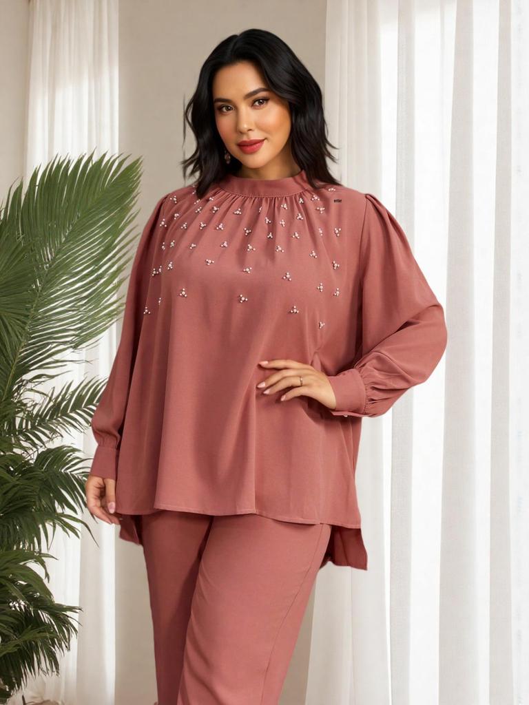 Middle Eastern Plus Size Women's Beaded Loose Two-Piece Set: Pink Stand Collar Top & Wide-Leg Pants