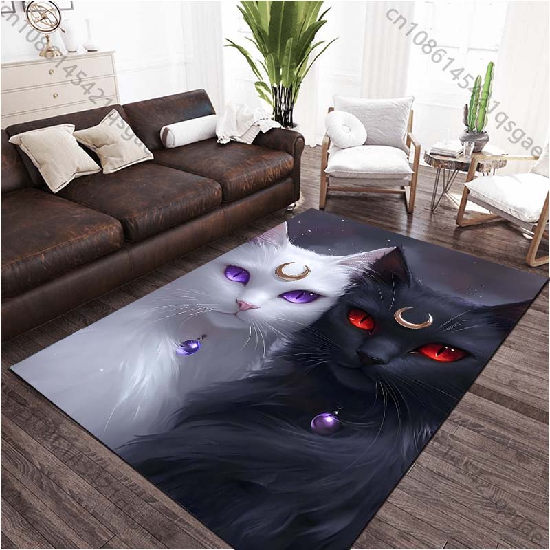 Black Cat and White Cat Printed Carpet for Living Room Bedroom Bedside Bathroom Floor Mat Area Rug Sofa Mat Home Decor
