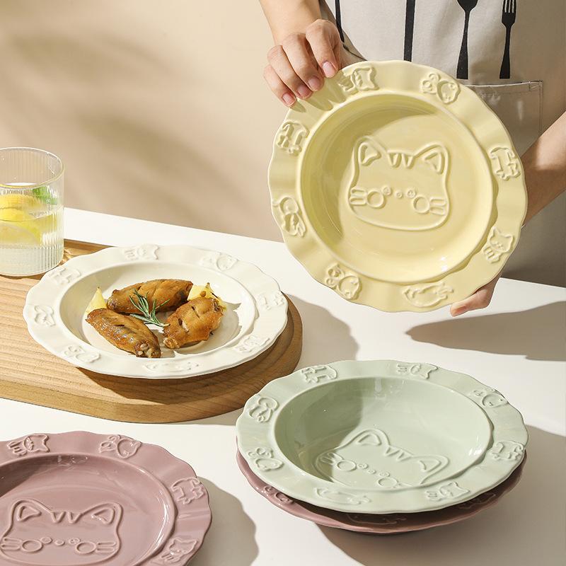 Creative Kitty Ceramic  Plate Ins Style Cartoon Cute Solid Relief Plate Dish Inventory Heart Plate Dessert Cake Fruit