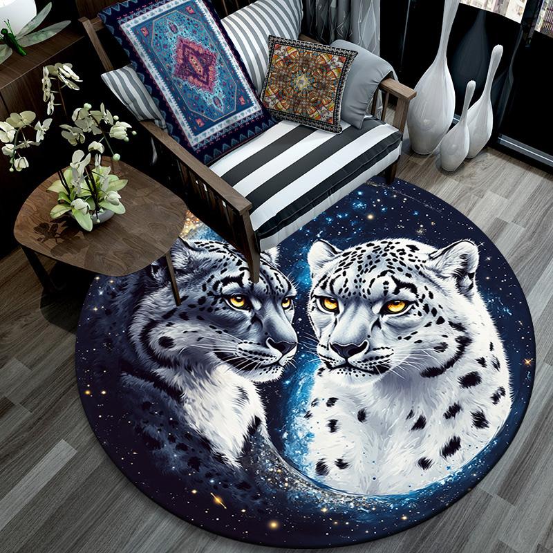 Snow Leopard Round Area Rug,Carpet Rug for Living Room Bedroom Sofa Playroom Decor,Non-slip Floor Mat