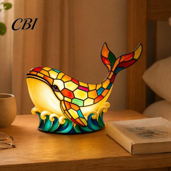 Bedroom Ambiance Light Stained Glass Whale Night Light, USB Multicolor Table Lamp, Flicker-free LED Decorative Desk for Home Office Kids Room