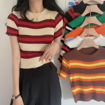 Fashion Striped Short-sleeved T-shirt Women's Spring and Summer Pullover Round Neck Slim Colorblocking Knit Shirt Tops Casual Slim Fit Pullovers Tees