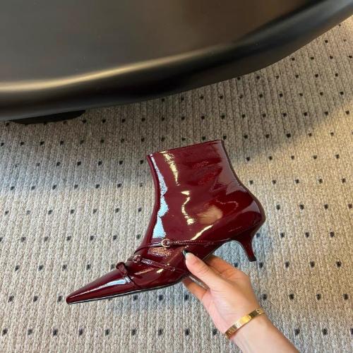 Fashion New fashionable patent leather women's boots slim fit pointed buckle European high heels ankle boots
