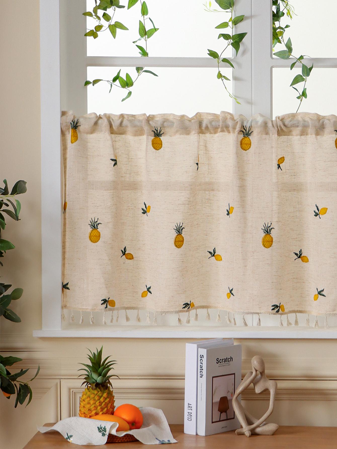 

Льняная вышивка Ананас с бахромой Короткая штора Блокаут штора Штора для спальни на плавающее окно Перегородка для кухни 100x60cm жёлтый