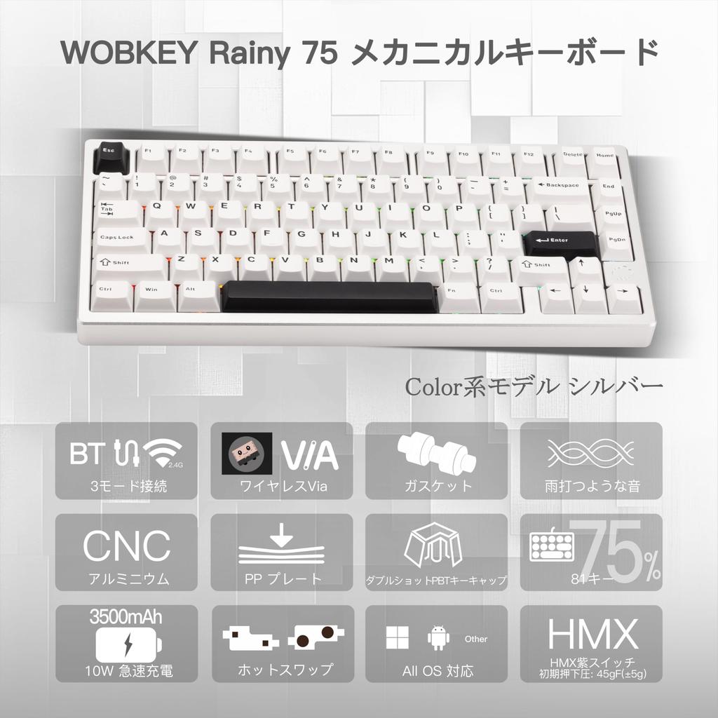 WOBKEY Rainy 75 Keystroke Mechanical Keyboard with OS Hot Swap and VIA Customizable Gasket Aluminum RGB Backlight Series Silver Keyboard Rain-like