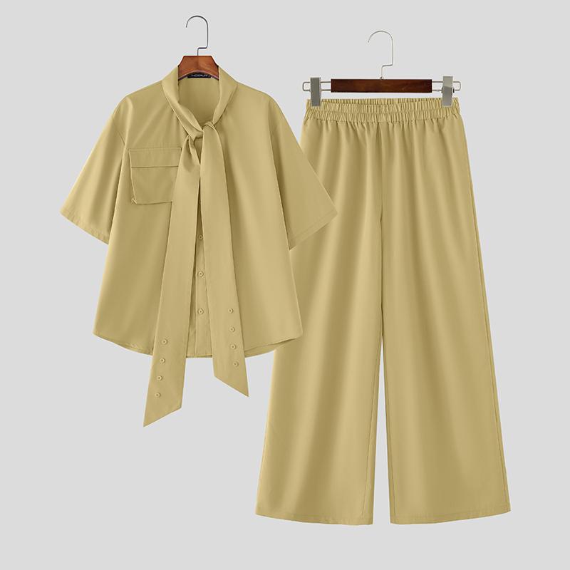 

INCERUN Two Pieces Men Tie Up Short Sleeve Shirts Long Pants Sets Suits 5XL хакі