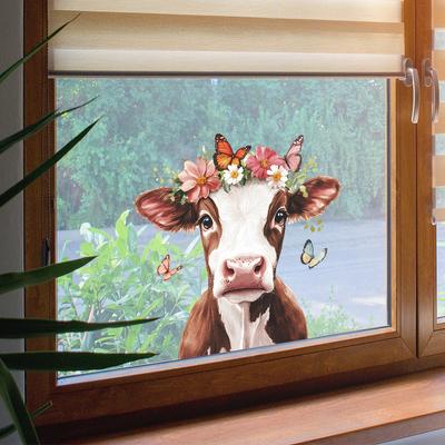 Cow Butterfly Flower Glass Window Sticker