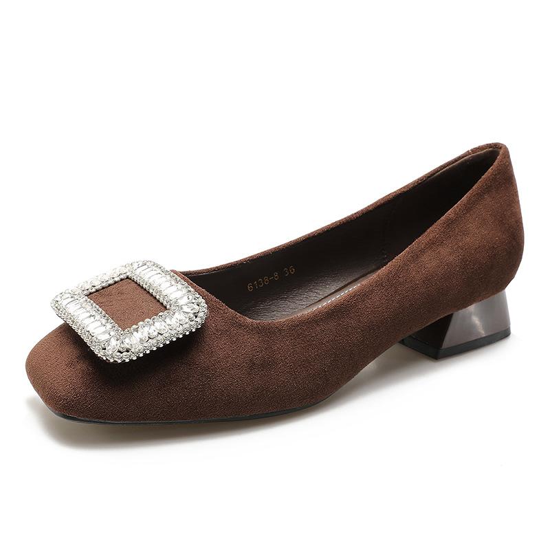 Comfortable low-heeled single shoes women's black work shoes 2025 spring and autumn women's shoes French rhinestone square buckle thick heel high heel