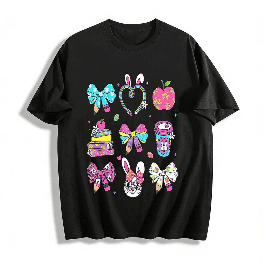 Cute Rabbit Bow Print Top School Style Apple Book Graphic T-Shirt Pure cotton T-shirt XXS