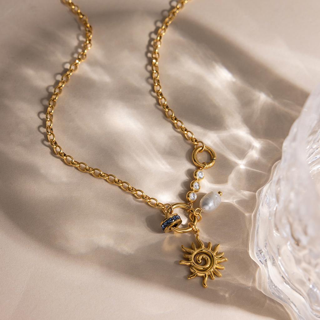 Youthway Classic Sun Freshwater Pearl Crystal Bead Pendant Necklace For Women Elegant 18K Gold Plated Stainless Steel Necklace