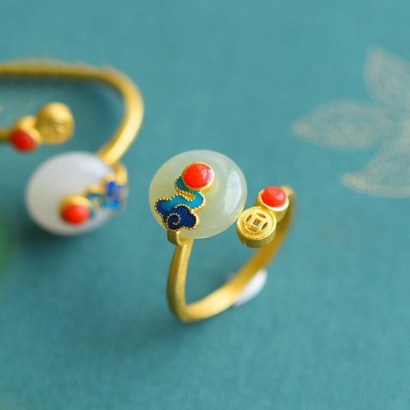 New Designer Original Ingot Natural Hetian Jade Opening Adjustable Ring Chinese Retro Light Luxury Charm Women'S  Jewelry