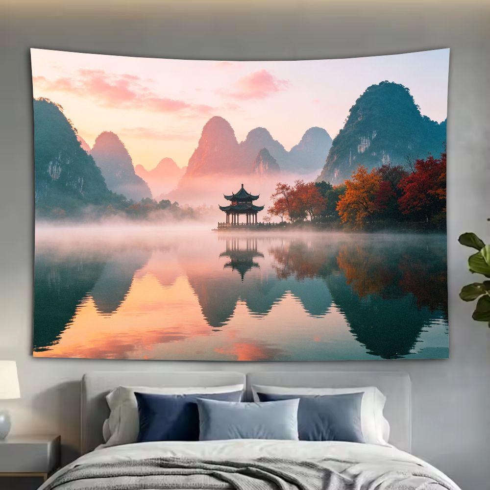 Nature Sunset Lake Mountain Wall Tapestry 3D Scene Polyester Tapestry Wall Hanging for Bedroom Living Room Decor 100X70CM