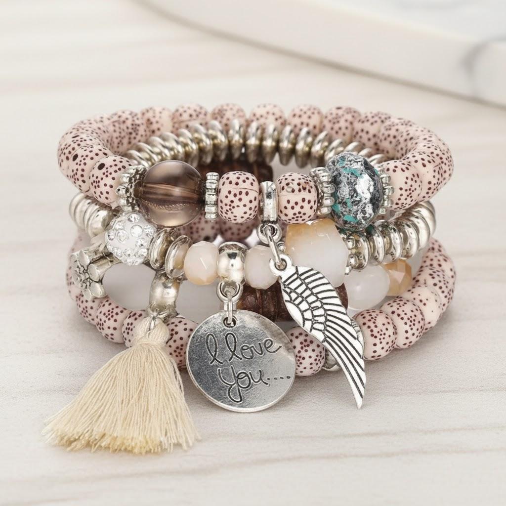 

Bohemian Style Multilayer Beaded Stretchy Bracelets Women Fashion Love Tassel Charm Jewelry бежевый