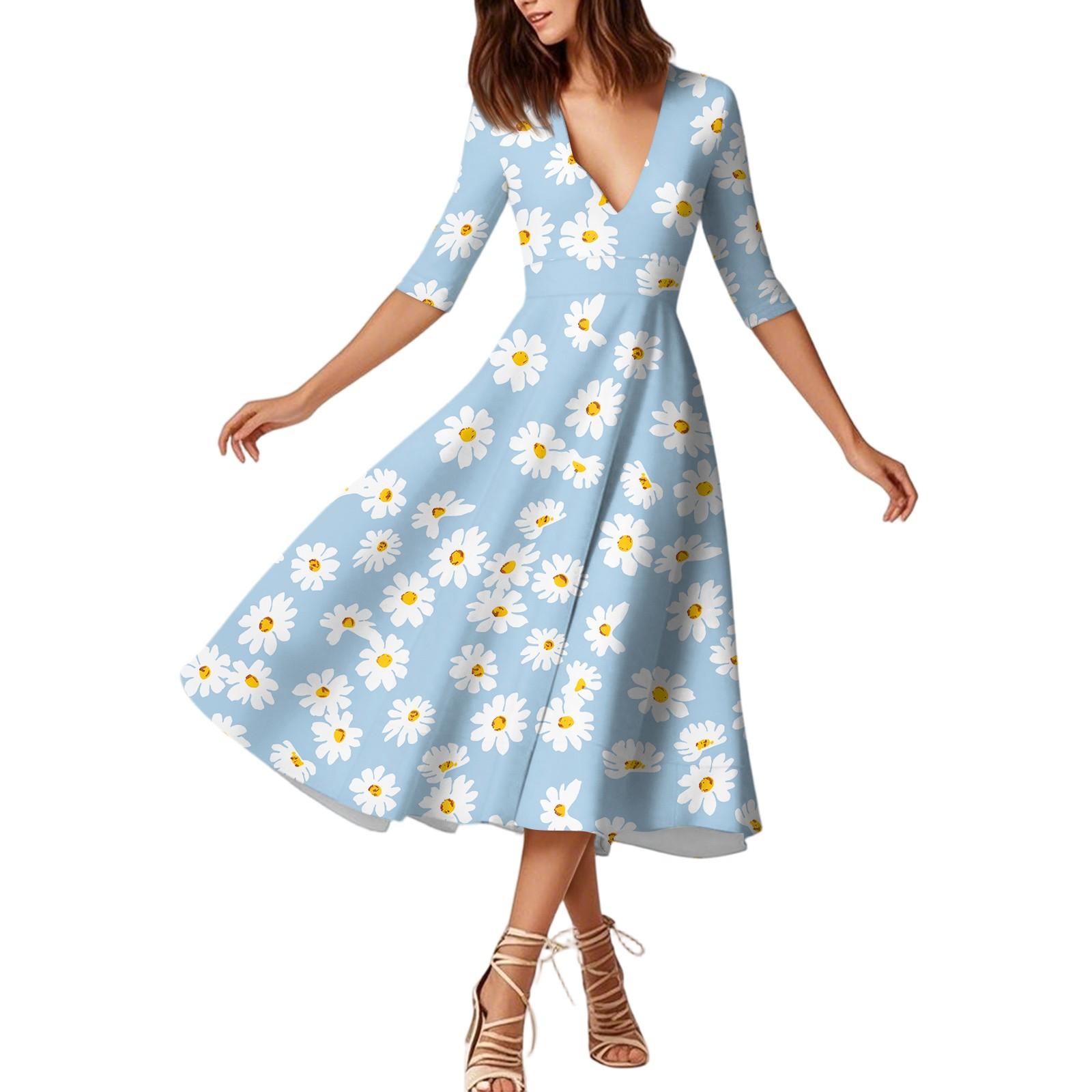 

Модное платье средней длины с рукавами средней длины, цветочным принтом и сексуальным V-образным вырезом XL белый