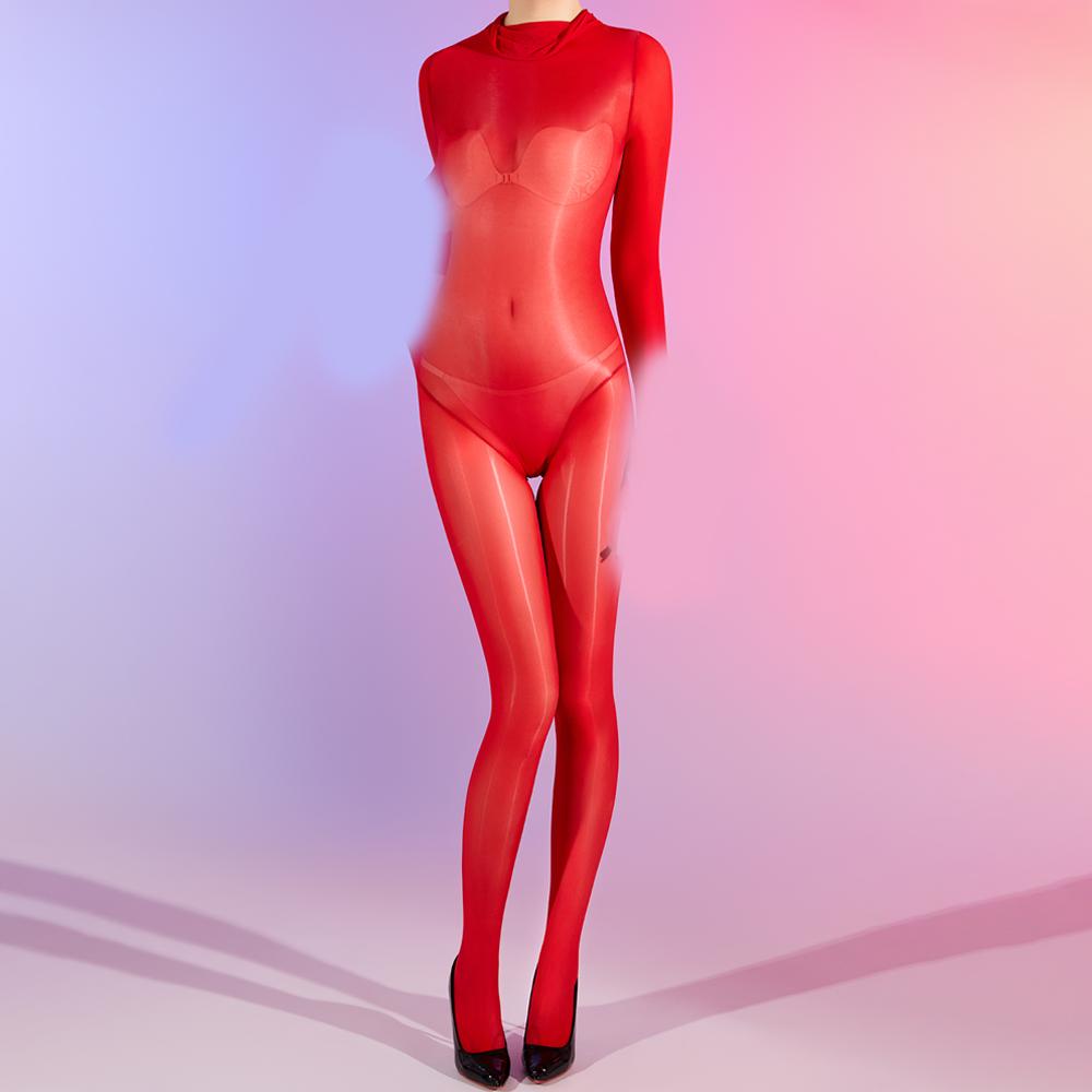 Sexy Women Cosplay Maid Tights 5D Oil Glossy Elastic Bodysuit Sheer See Through One-Piece Thong Nine Sleeve High Neck Leotard