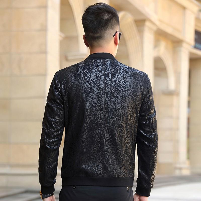 Mens Genuine Leather Short Bomber Jacket With Stand Collar Floral Slim Fit