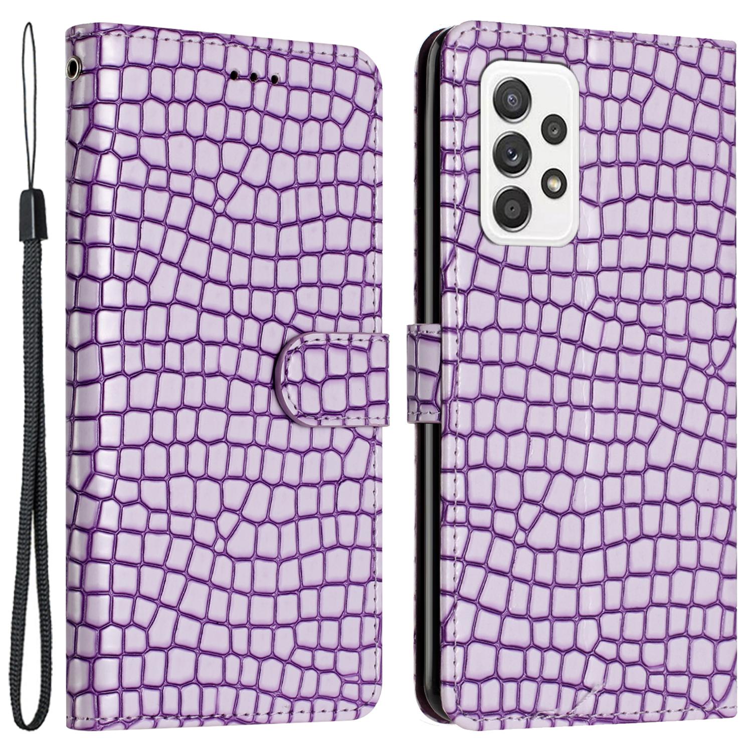 

Crocodile Texture Phone Case for Samsung Galaxy A52 4G/5G/A52s 5G Leather Cover Stand Wallet with Hand Strap Purple