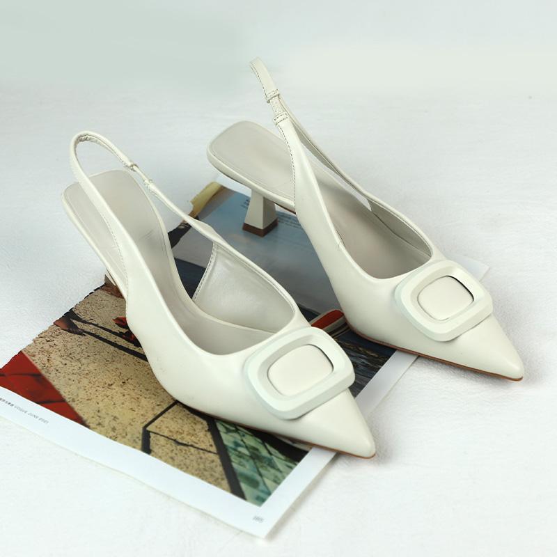 Fashion Chic White Point Toe Slingback Heels Women Summer Sandals 2025 Fashion Designer Brand Square Buckle Lady Shoes Mid Heel Elegant