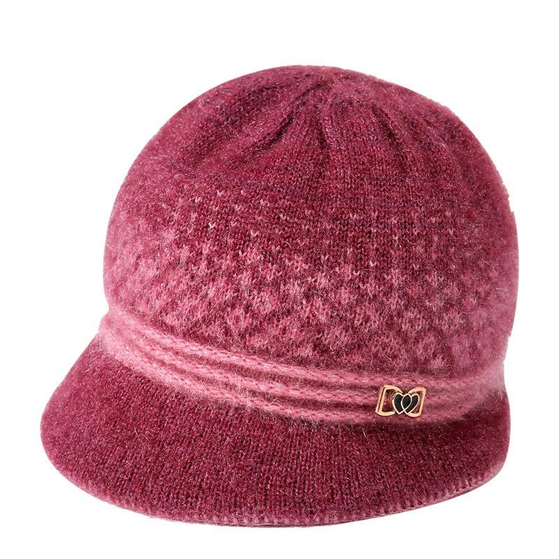 Autumn and winter new medium and old hats women's knitted wool hats women's fleece warm ear protection hats mother grandma hats