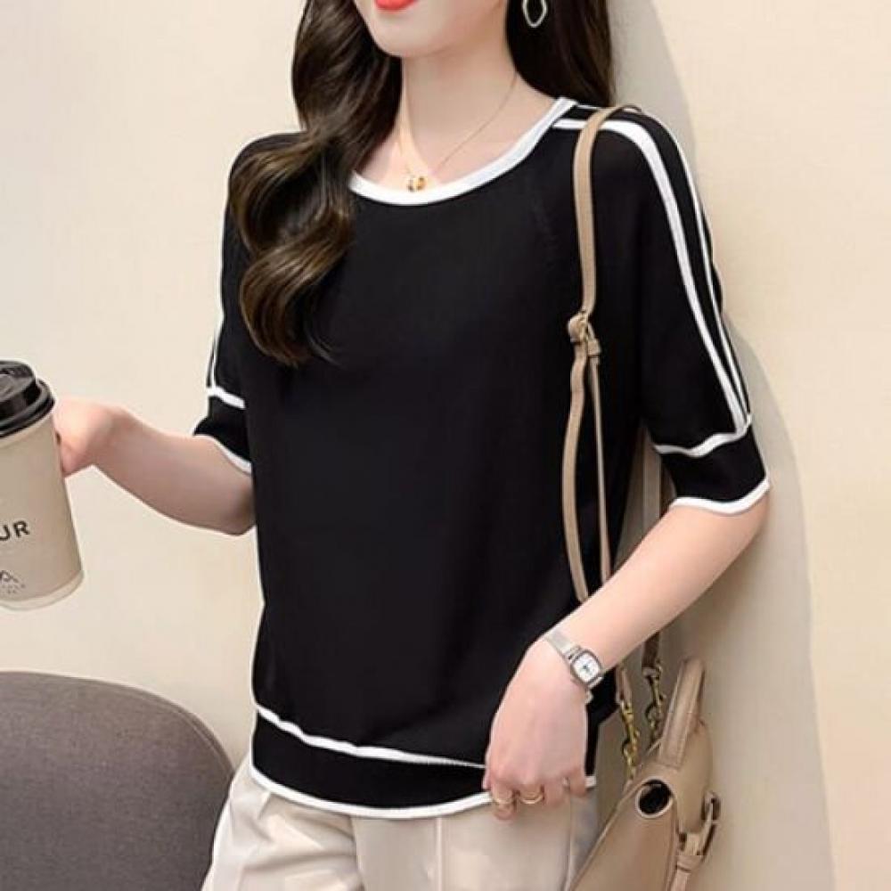 Navava Nk2130 Solid Color Contrast Round Neck Short Sleeve Knit