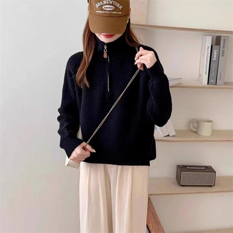 Half zipper pullover knitted sweater autumn and winter new age-reducing design sense loose and thin lapel lazy sweater women's top