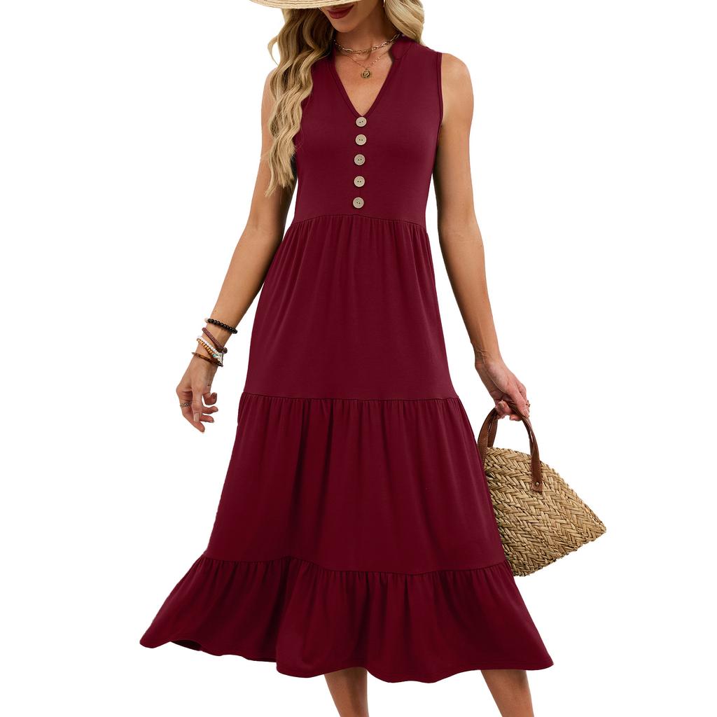 Women's Summer Casual V-Neck Button Front Sleeveless Tiered Maxi Dress Solid Color Beach Sundress