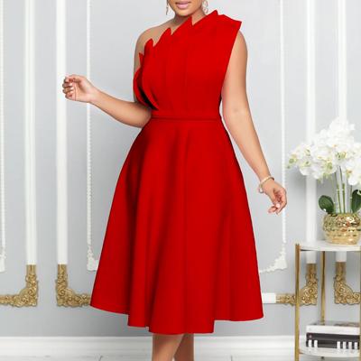 Women's D3200 Large Size Summer Sexy Off-Shoulder Pleated High Waist Evening Banquet Dress