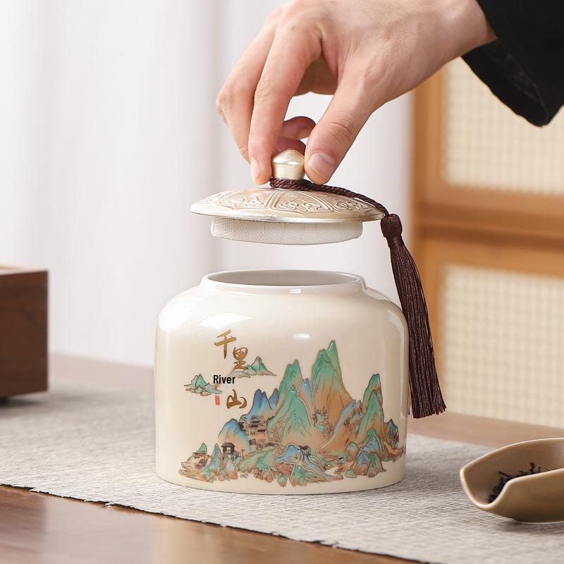 Retro Ceramic Tea Caddy with Sealing Lid - Half-Jin Capacity for Green, White, Black Tea - Gift Box Included