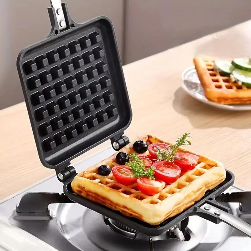 Professional Long Handle Waffle Baking Mold Square Double-Sided Waffle Maker Machine Durable Cast Aluminum Sandwich Maker Baking
