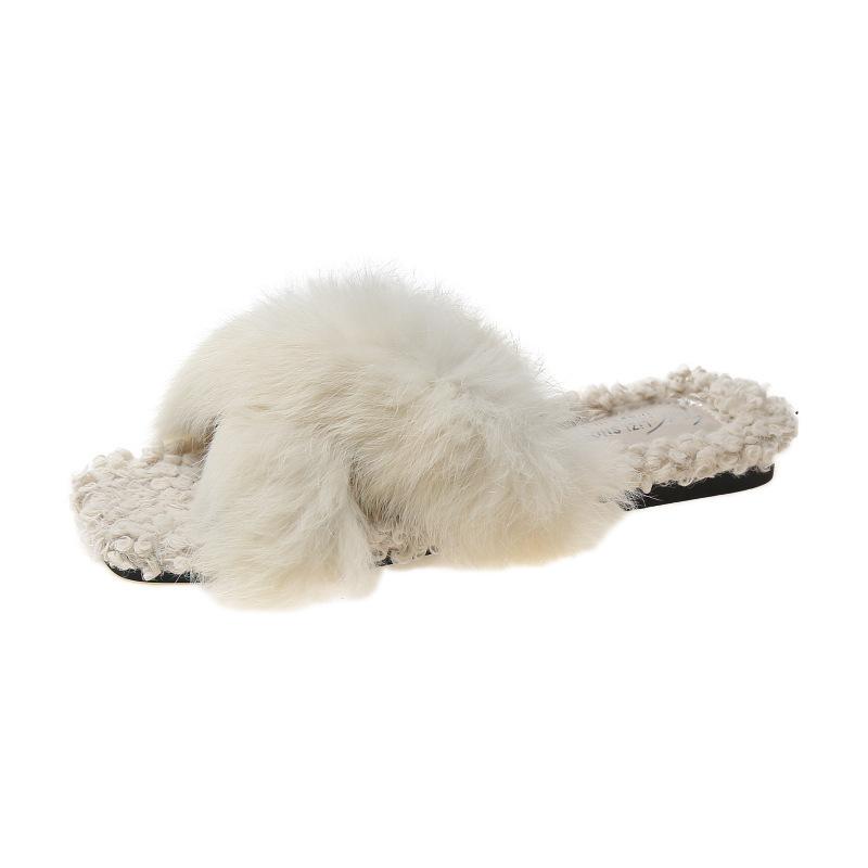 Internet Celebrity Cross Hairy Slippers Female 2023 Autumn and Winter New Outer Wear Ins Fairy Wind Plush Flat Bottom One Word Slippers