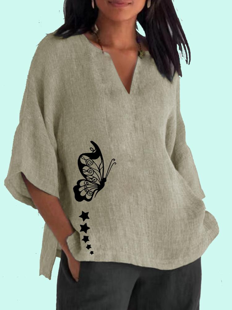 

Женская модная рубашка с длинным рукавом с принтом 3/4, повседневный топ с v-образным вырезом, женская свободная хлопковая льняная блузка 3XL хаки