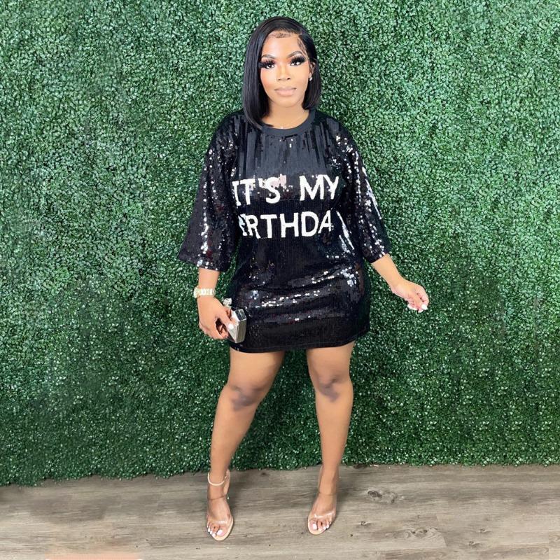 Plus Size Women's Fashion Round Neck Half Sleeve Loose Beaded Printed Nightclub Dress