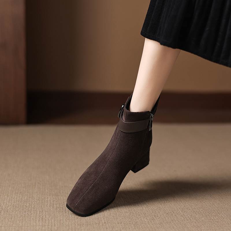 Krazing Pot Cow Suede Nubuck Square Toe Thick Heels Chelsea Boots Size 42 Zip Beauty Lady Women Ankle Boots