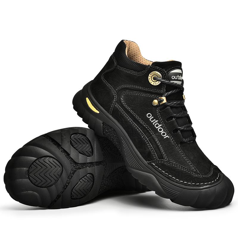 Ботинки весна/осеньНатуральная воловья кожа мужские ботинки кроссовки водонепроницаемые уличные удобные мужские плюс бархат теплые походные туфли 38 чёрный