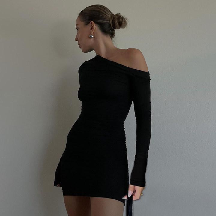 2025 Spring/Summer European & American Women's Asymmetric One-Shoulder Ruched Bodycon Dress