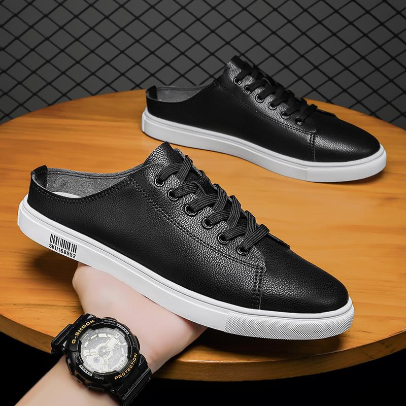 2025 Summer Flat Mules Men Half Shoes For Man Loafers Leather Mens Semi-Drag Casual Shoes Male Slides Flats Backless Board Shoes