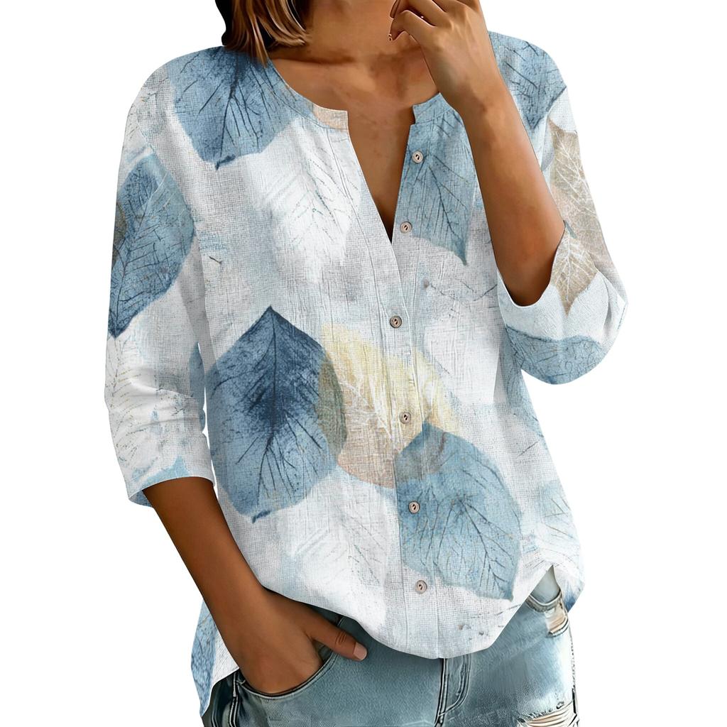 Women Vintage Floral Print Button Down Henley Collar Shirt Three Quarter Sleeve Linen Cotton Blouse Casual Lightweight Top