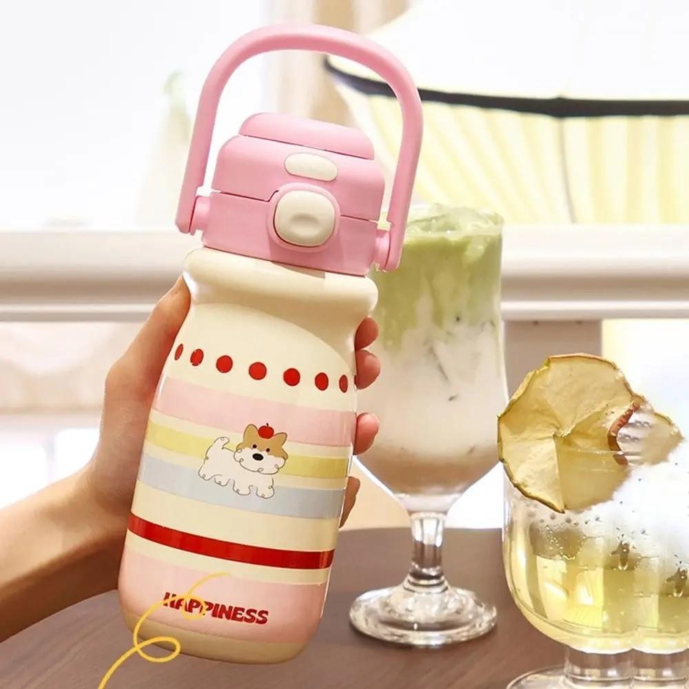 with Handle Cartoon Straw Cup 520ml Vacuum-insulated Bottle Bounce Insulated Cup  Coffee Tea