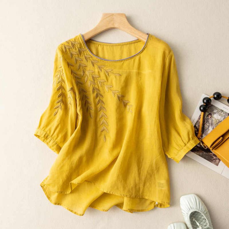Women s Artistic Retro Embroidered Linen Shirt - Short Sleeve, 2026 Summer Style XL