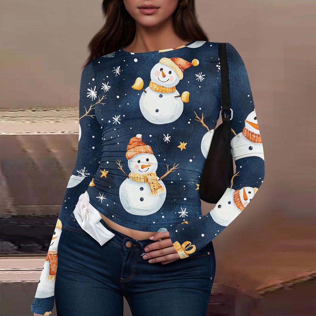 Women's Fashion Casual Round Neck Christmas Printed Long Sleeve T-Shirt Top