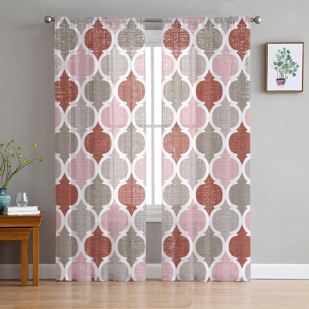 Turquoise Grey Geometric Moroccan Retro Tulle Curtain Voile Transparent for Bedroom Living Room Kitchen Sheer Window Curtains