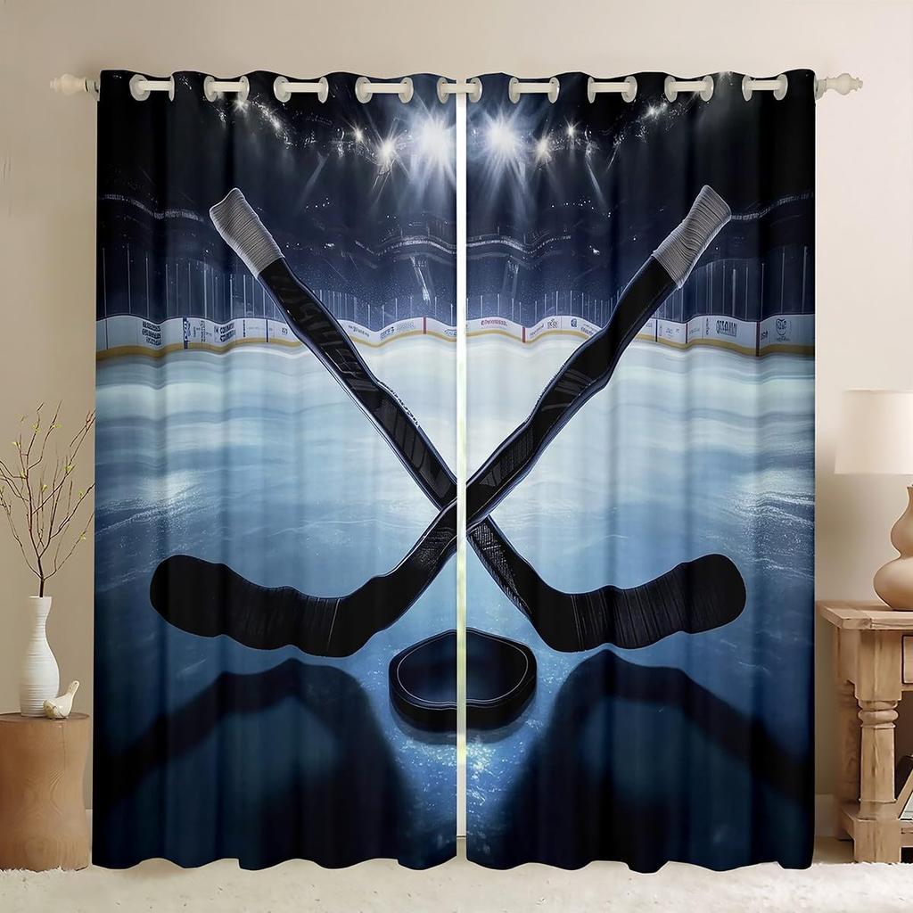 Ice Hockey Curtain Living Room Pucks Sports Ball Games Panel Winter Extreme Sport Theme Curtains Drapes Blackout Polyester Ideal For Sitting