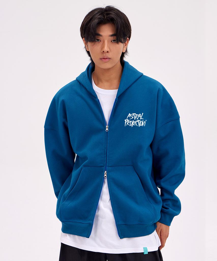 Astral Projection Graffiti Lettering Oversized Wide Shoulder Zip-Up Hoodie_Teal Blue