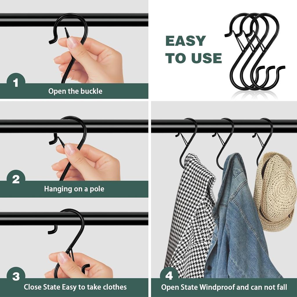 S Hooks 20pcs Heavy Duty 3.5 Inch Metal Hanging Hooks with Safety Buckle Closet Organizer Hooks for Kitchen Clothes Plants Bags Hats Belts