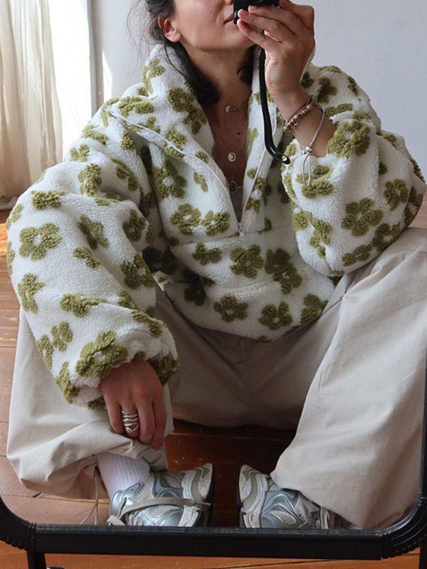 Худи на флисовой подкладке для осени/зимы с цветочным узором, стильный женский топ M зелёный