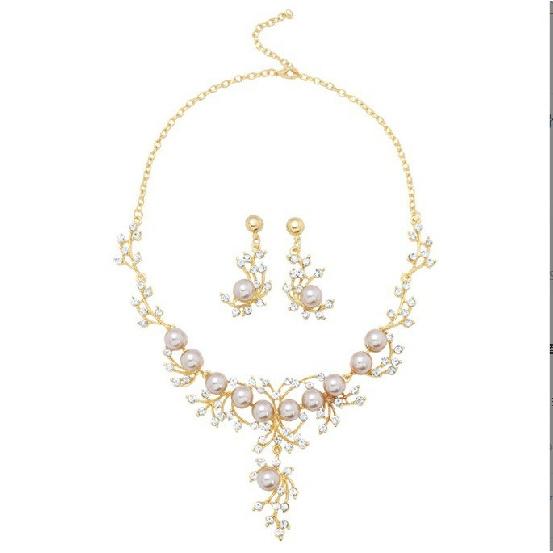 High-end Faux Pearl and Diamond-studded Jewelry Birthday Set Bride's Wedding Necklace and Earrings Set