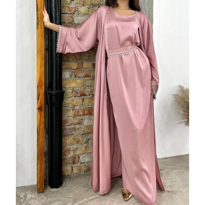 

New Arrival Middle East Dubai Pure Color Fashion Bead Crystal Chain Dress Ethnic Style Dress Set Pink Cardigan + Inside + a crystal chain 2XL