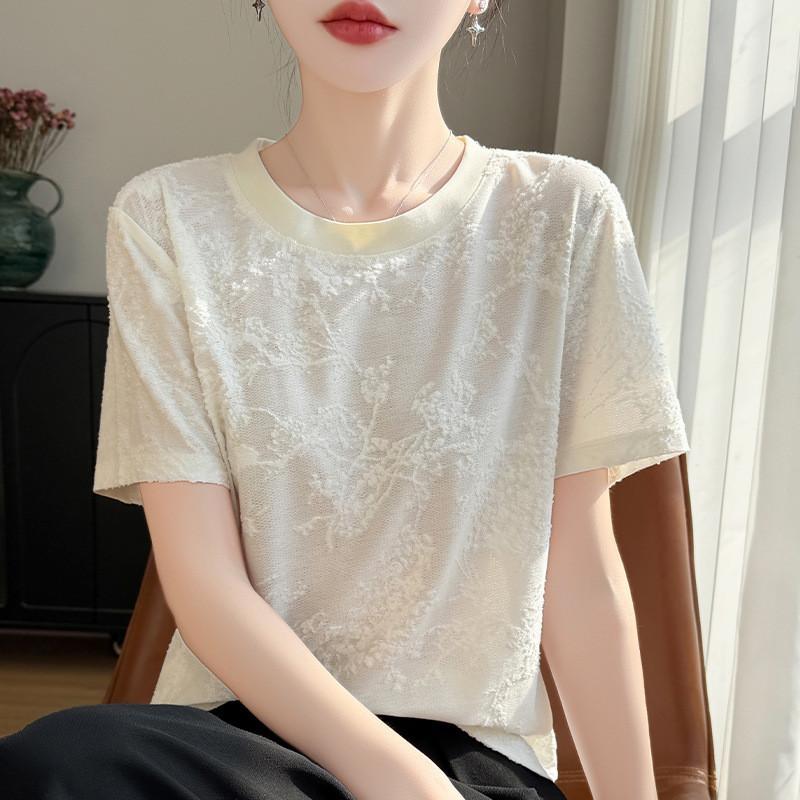 Silk Short Sleeve T Shirt With Jacquard Weaving For Casual Wear